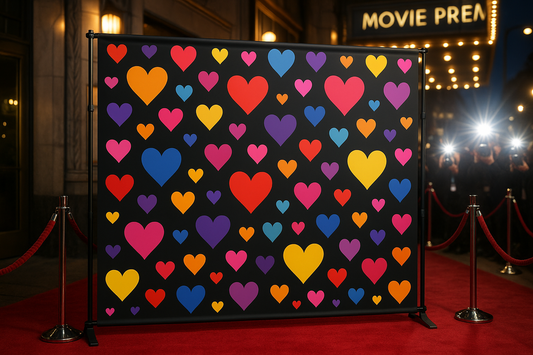 8 x 10 Step and Repeat Banner with Stand, with a Black background and Colorful Hearts of different sizes evenly spread across it. In front of a movie premier outside.