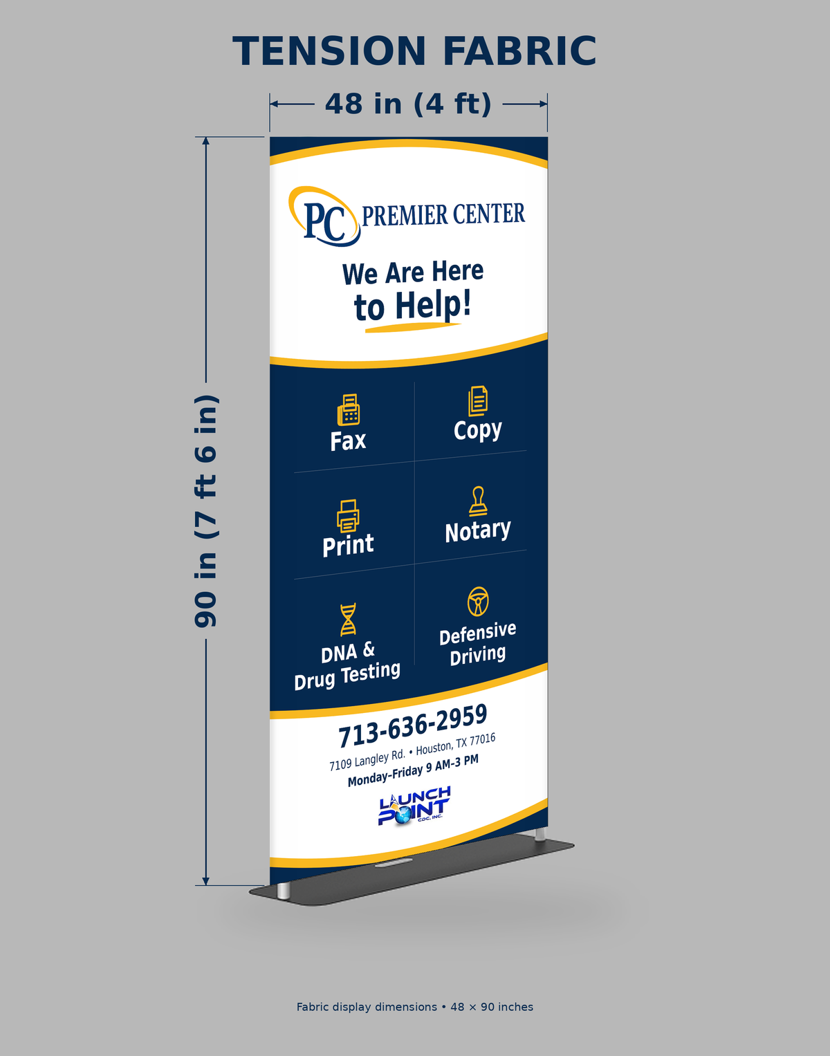 Premier Center 48 by 90 inch tension fabric banner and steel base stand, front view