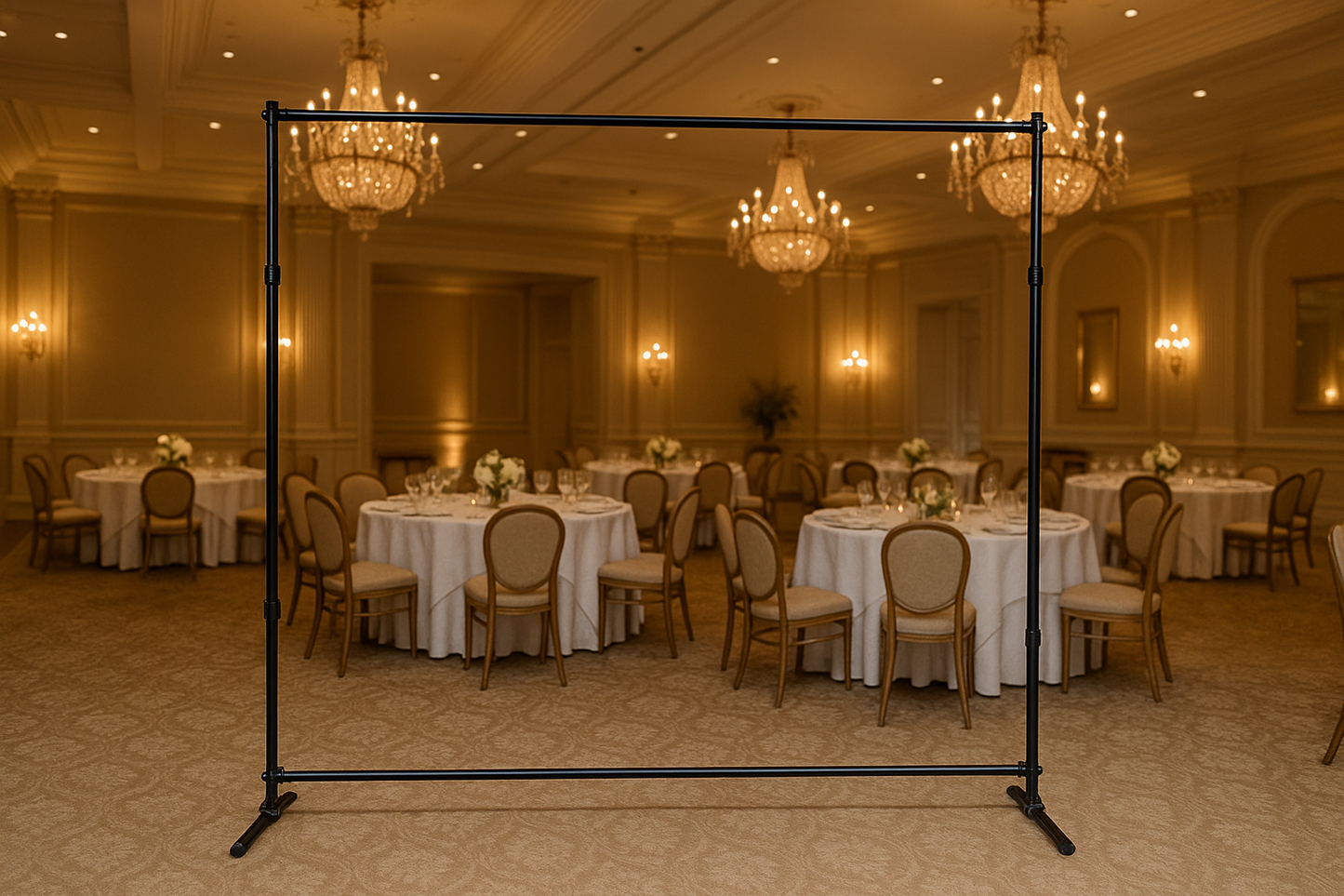 Step and Repeat Frame Stand only, in a banquet hall