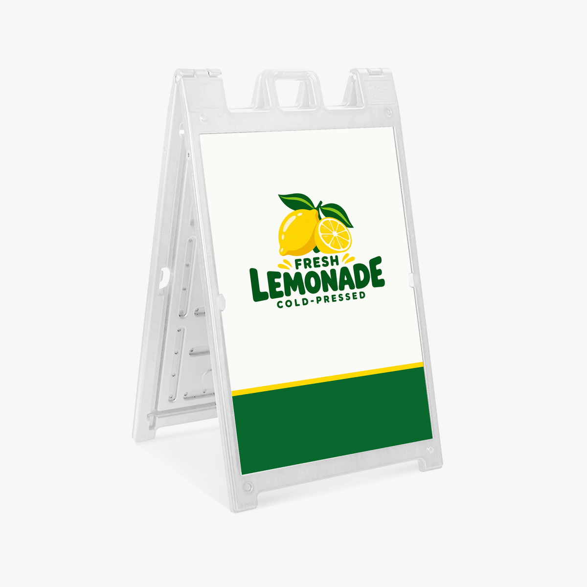 Lemonade example artwork on white Deluxe Quick-Change A-frame with 24 by 36 inch sign face