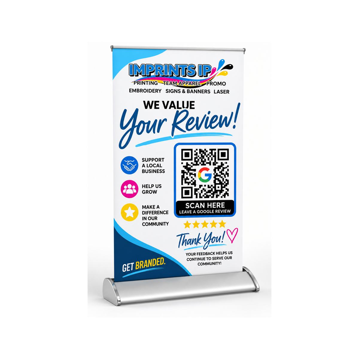 Imprints IP Google Review tabletop retractable banner mockup