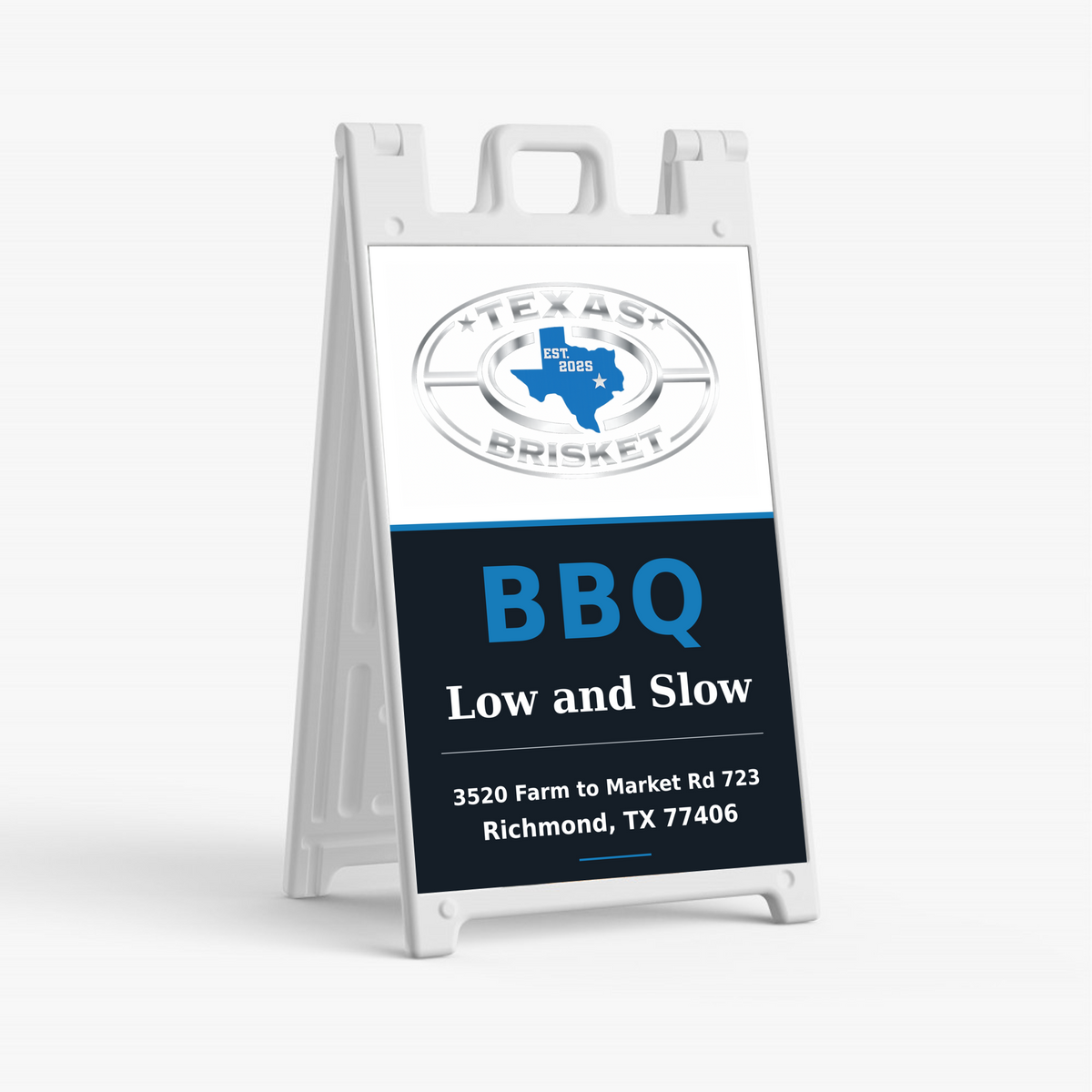 Texas Brisket white standard plastic A-frame with 24 by 36 inch sign face