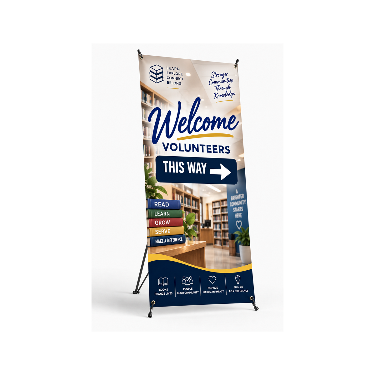 Custom X-stand banner example: Welcome Volunteers, library directional signage