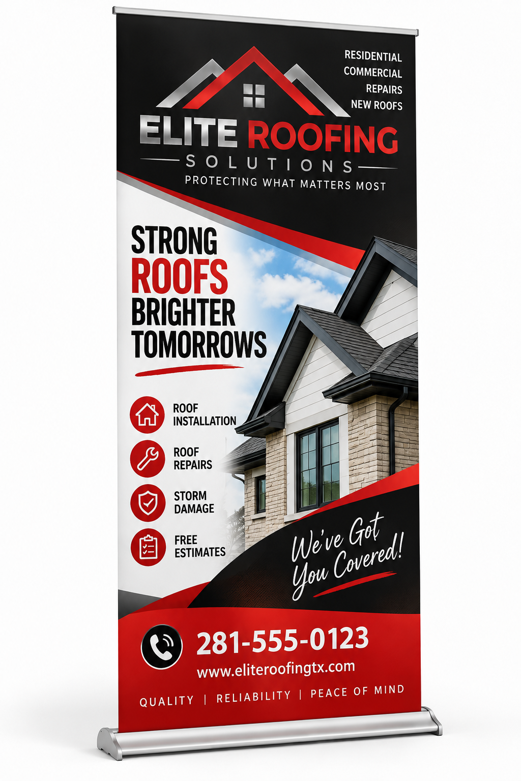 Elite Roofing Solutions custom graphic example on SD premium retractable banner